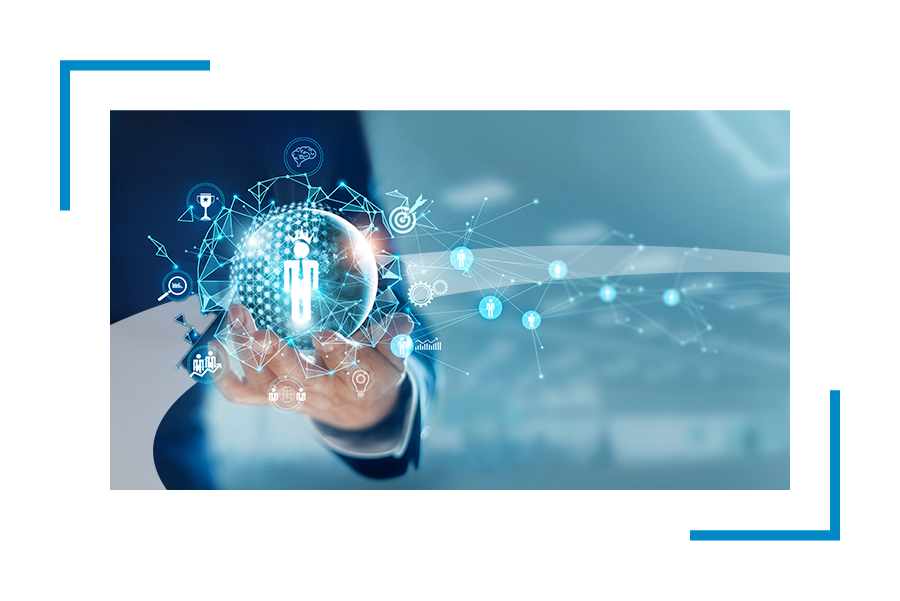 A man's hand holding a digital bubble with people and communication icons, representing collaboration and red team audits