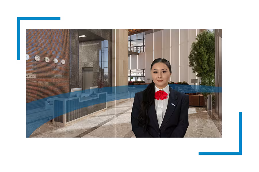 Commercial real estate security and commercial property security services: Women standing in a building lobby