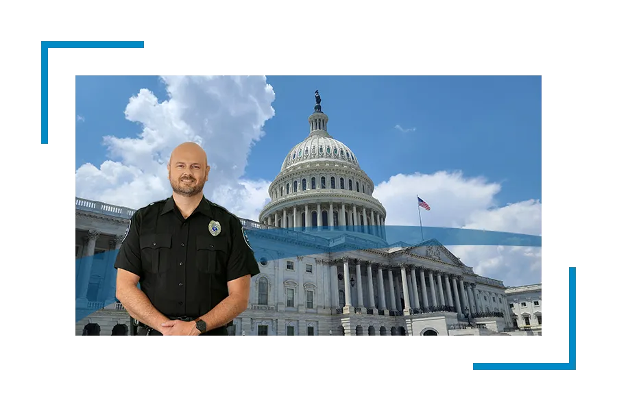 Allied Universal Security guard in uniform infront of a government building, security federal services